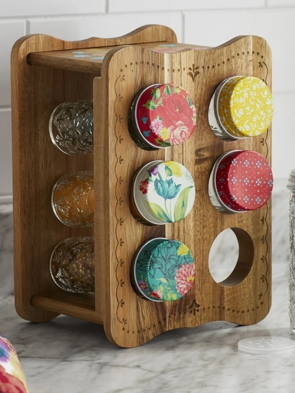 The Pioneer Woman Sweet Rose Acacia Wood Spice Rack with Glass Decorative Jars